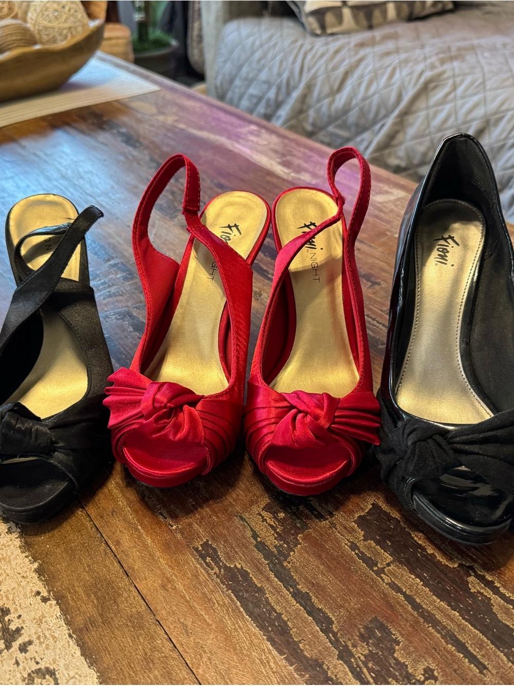 FIONI Clothing Red Satin Knotted Peep-Toe Slingback Heels